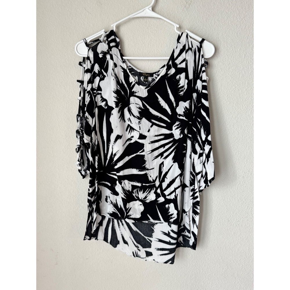 Cupio Womens Large Cold Shoulder Top Black White Tropical Palm Print Blouse